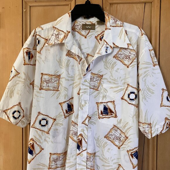 Natural Issue Mens Vintage Hawaiian Sailboat No Wrinkle Shirt Large White SP EXC - Picture 3 of 12